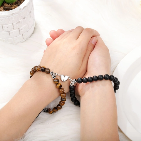 Magnetic Heart Couple Bracelets Natural Tiger Eye Matte Stone Beads Mutual Attraction Braided Rope Gift For Lovers