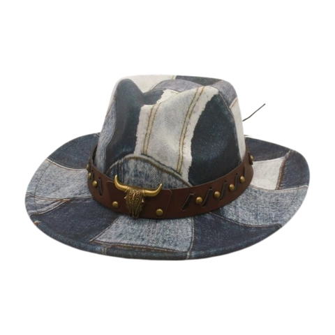 Vintage Denim Patchwork Cowboy Fedora Hat With Leather Band Metal Bull Head Rivets Wide Brim Western Style For Men Women