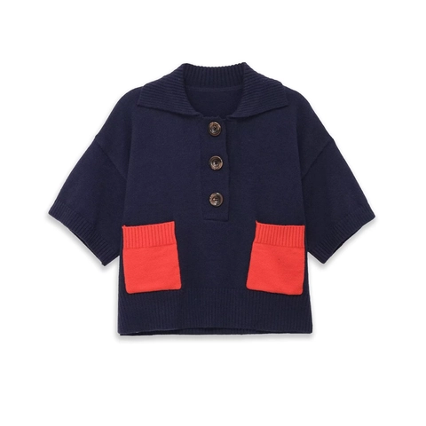 Top In Maglia A Maniche Corte Da Donna Colletto Polo Poliestere Tasche A Contrasto Pullover Casual Blu Marino