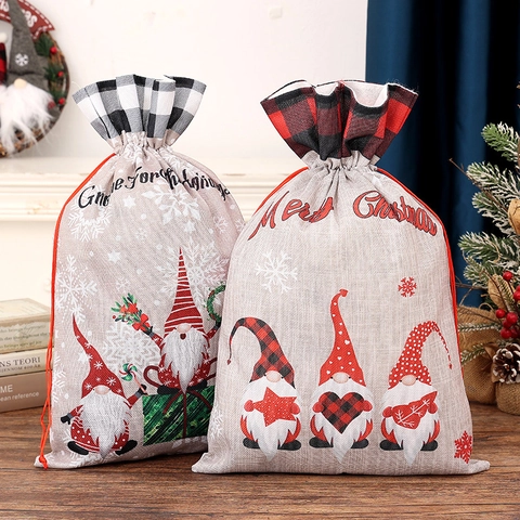 Christmas Gift Bags Drawstring Linen Like Fabric Gnome Print Plaid Edge Festive Holiday Party Favor Storage Packaging