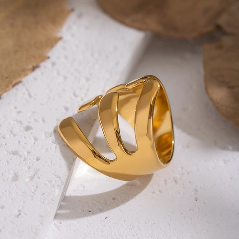 Anillo De Línea Irregular Chapado En Oro De 18K Acero Inoxidable Impermeable Hipoalergénico Minimalista Geométrico Abierto Joyería Mujer