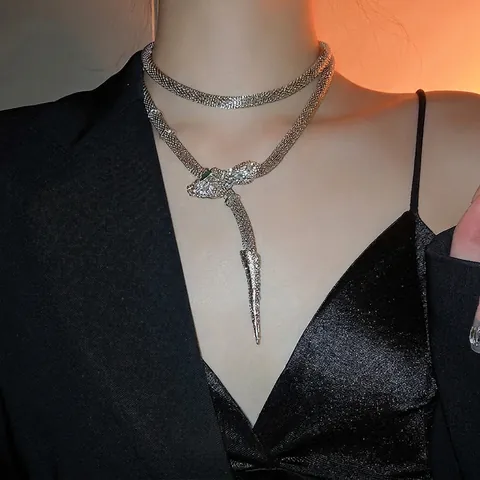 Rhinestone Schlange Halskette Kupfer Netzweberei Wickel Choker Lange Schlüsselbeinkette Für Frauen Mode Schmuck