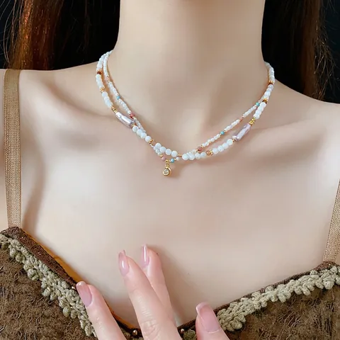 Double Layered Beaded Necklace Shell Faux Artificial Pearl Copper Zircon Teardrop Pendant Retro Fashion Jewelry For Women
