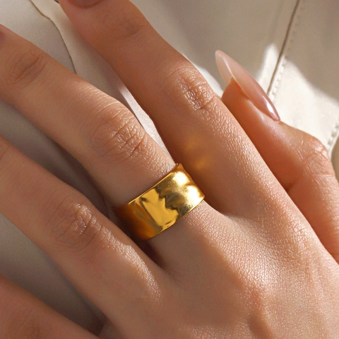 Anillo Ancho Martillado Acero Inoxidable Chapado En Oro Textura Irregular Anillo Abierto Ajustable Para Mujer Joyería