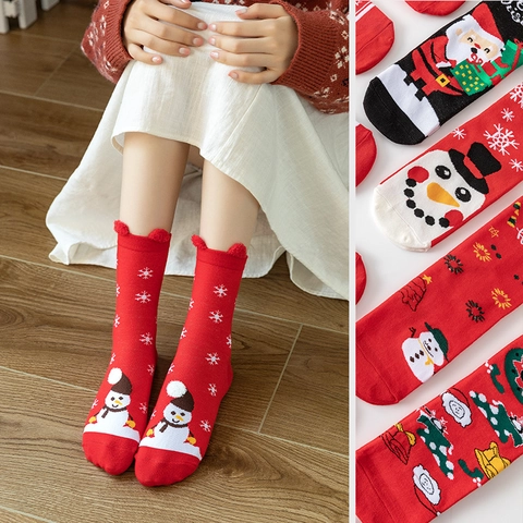 Calcetines Navideños Media Pantorrilla Punto Mezcla De Algodón Dibujos Animados Papá Noel Alce Muñeco De Neve Regalo Orejas En Relieve