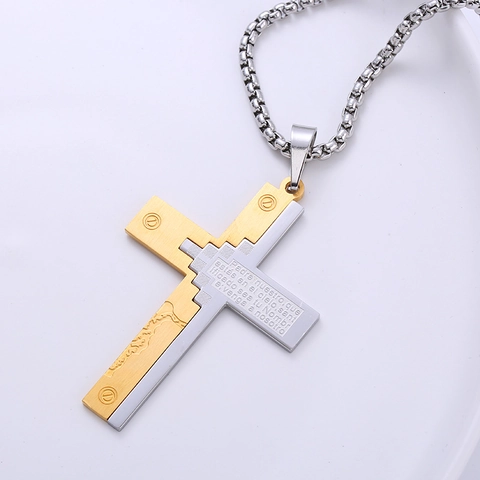 Stainless Steel Cross Pendant Necklace Two Tone Gold Silver Etched Spanish Prayer Religious Punk Hip Hop Jewelry Unisex