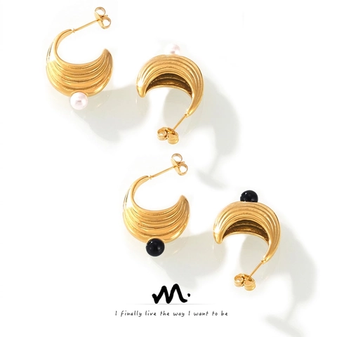 Boucles d'Oreilles en Acier Inoxydable en Forme de U Ondulation de l'Eau Avec Perle Artificielle Or Argent Bijoux Femme