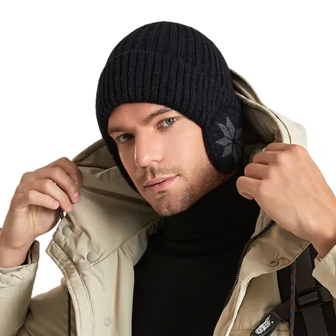 Winter Warm Fleece Lined Knit Beanie Hat With Earflaps Snowflake Pattern Thick Knitted Skull Cap For Men Women Outdoor