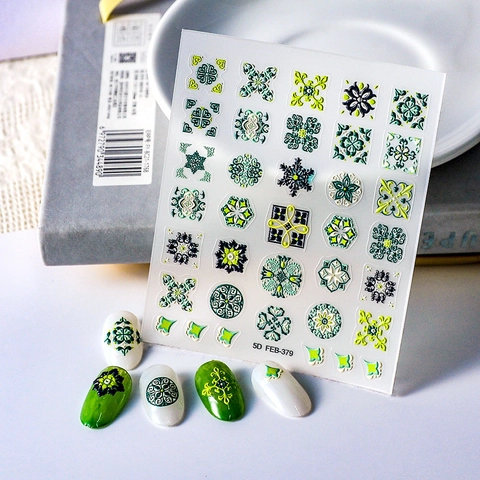 5D Geprägte Nagelkunst Aufkleber Böhmisch Retro Floral Geometrisch Relief Selbstklebend Abziehbilder Für Frauen Maniküre Dekor