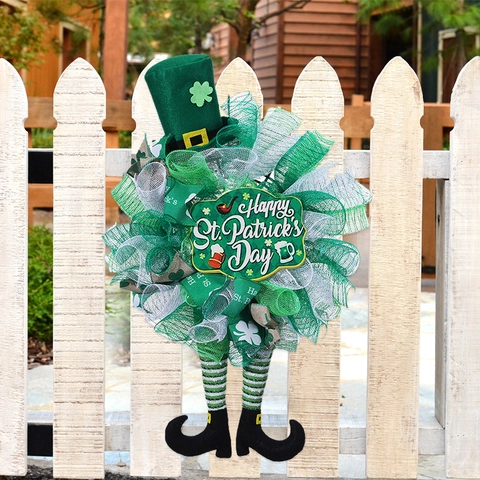St Patricks Day Wreath With Leprechaun Legs Green Hat Mesh Ribbon Shamrock Door Hanging Ornament Festive Home Decor