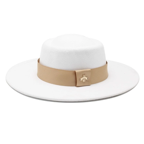Vintage Wollfilz Boater Hut Für Damen Herren Flacher Kopf Breite Krempe Fedora Hut Mit Bienenverzierung Satinband Eleganter Sonnenhut