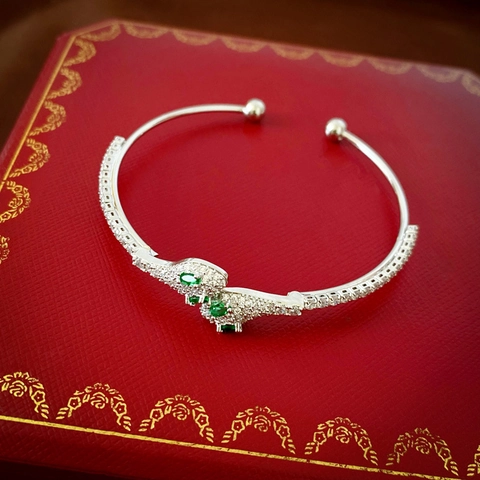 Snake Open Cuff Bracelet Copper With Zircon And Green Stone Adjustable Silver Tone Luxury Animal Jewelry For Women