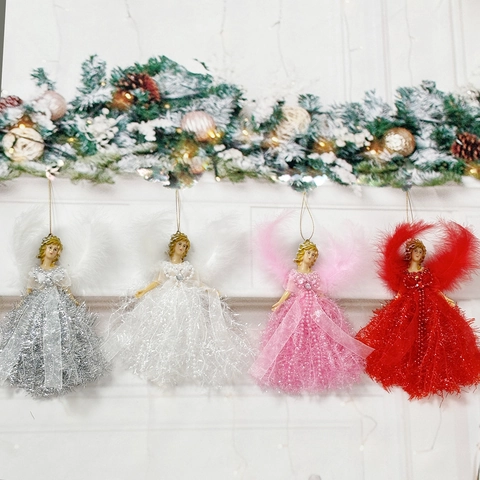 Decorazione Da Appendere Angelo Di Natale Ala Di Piuma Plastica Lustrini Lametta Ornamento Albero Vacanze Regalo Bambola