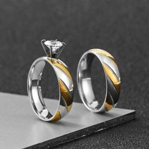 Stainless Steel Couple Rings Two Tone Gold Silver Twill Pattern Cubic Zirconia Four Claw Inlaid Wedding Band Fashion Jewelry