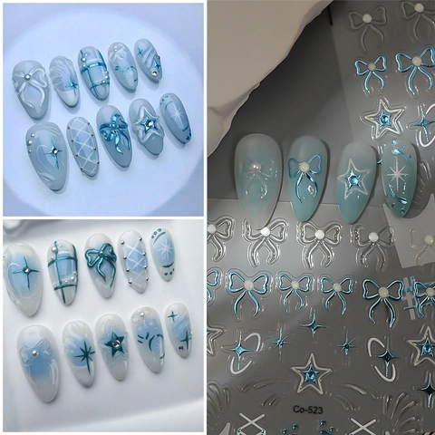 Adesivi Unghie 5D Rilievo 3D Autoadesivi Blu Bianco Trasparente Fiocco Stelle Diamante Manicure Donna