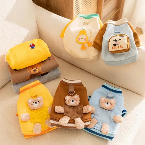 Warm Pet Hoodie Vest Sherpa Fleece Lamb Wool Leash D-Ring Cartoon Motif Clothing For Small Medium Dogs Cats Cozy