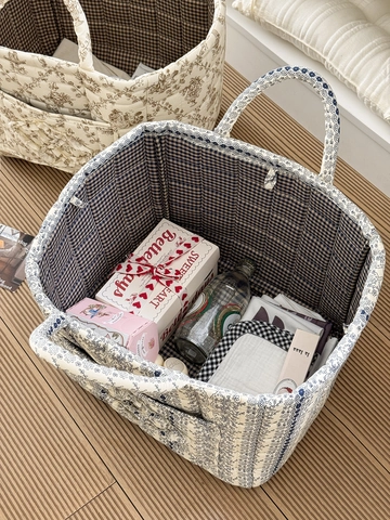 Französischer Gesteppter Baumwolle Aufbewahrungskorb Tragbar Blumenranken Druck Organizer Für Zuhause Schlafzimmer Wäsche Snacks