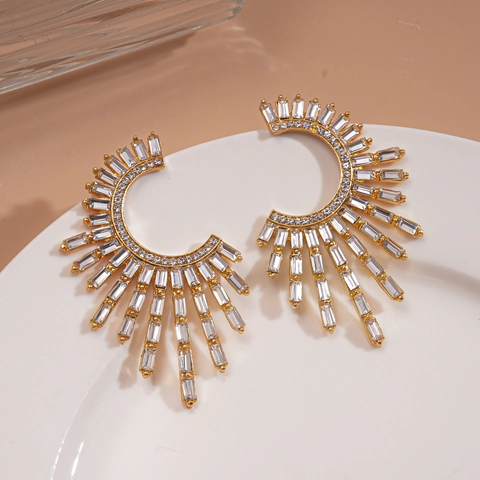Orecchini A Ventaglio Sole Geometrici Forma C Lega Oro Strass E Perno In Argento Sterling 925