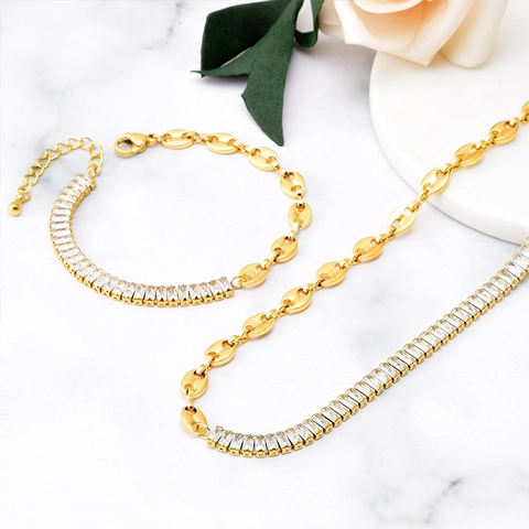 Mode Titanium Staal Asymmetrische Halsketting Armband Set Rechthoekige Strass Ingelegde Varkensneus Ketting Voor Dames Sieraden