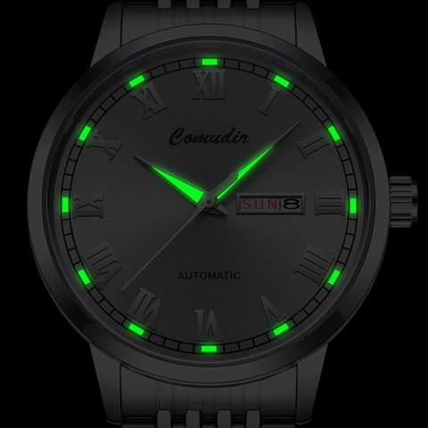 Men Automatic Mechanical Watch Stainless Steel Waterproof Luminous Day Date Display Roman Numerals Business Luxury
