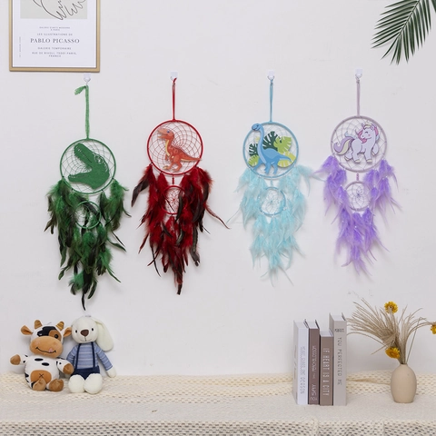 Acchiappasogni Fatto A Mano Dinosauro Unicorno Decorazione Murale Piuma Luce LED Per Cameretta Bambini