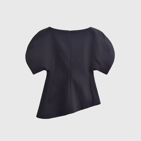 Dames Zwarte Blouse Korte Pofmouwen Asymmetrische Zoom Boothals Polyester Elegant Chic Top