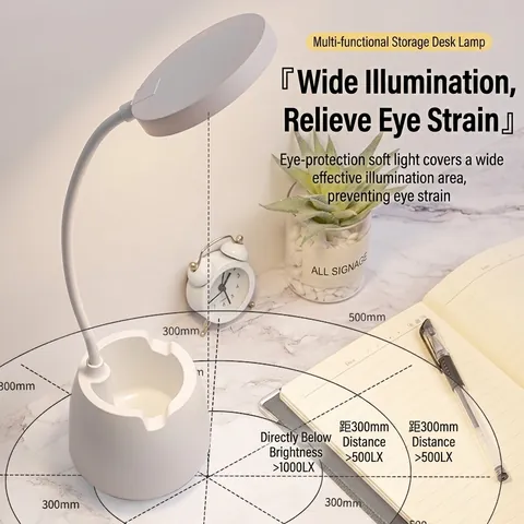 Lámpara De Escritorio LED Con Portalápices Soporte Móvil Cuello Flexible Protección Ocular Regulable USB Recargable Moderno Plástico