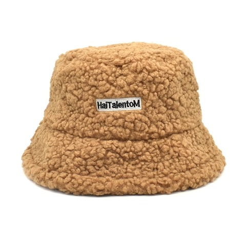 Lambswool Bucket Hat Warm Thick Winter Plush Fisherman Hat Embroidered Letter Patch Fashion For Women Men
