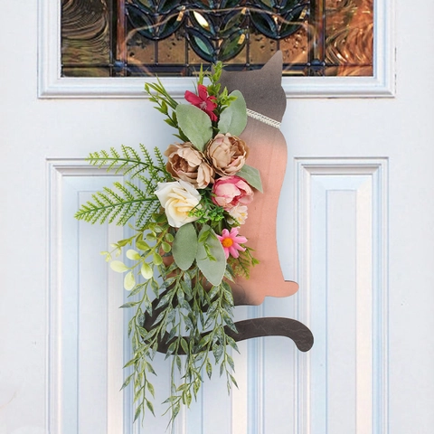 Cat Silhouette Door Wreath Hanging Artificial Floral Wood Sign Home Wall Decoration Rustic Pastoral Style