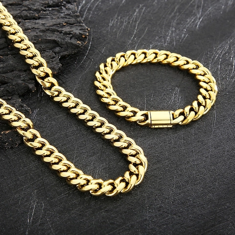 Herren Hip Hop Cuban Link Kette Halskette Und Armband Edelstahl Trendy Punk Schmuck Gold Stahl Farbe