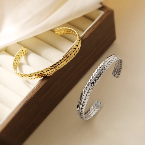 Open Bangle Bracelet Stainless Steel 18K Gold Plated Wheat Ear Weaving Twisted Rope Minimalist Luxury Jewelry For Women