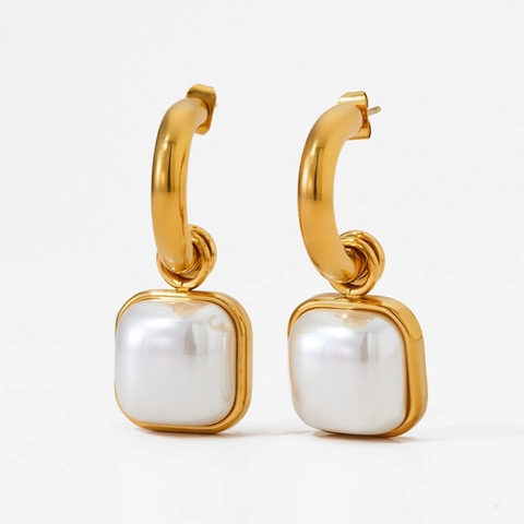 Stainless Steel Gold Plated Square Artificial Pearl Hoop Dangle Earrings Elegant Geometric Fashion Jewelry For Women