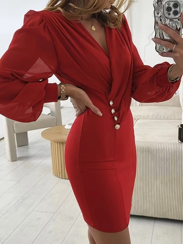 Elegantes Rotes Minikleid Mit V Ausschnitt Und Langen Laternenärmeln Körperbetontes Partykleid Mit Dekonöpfen Schlank Damen