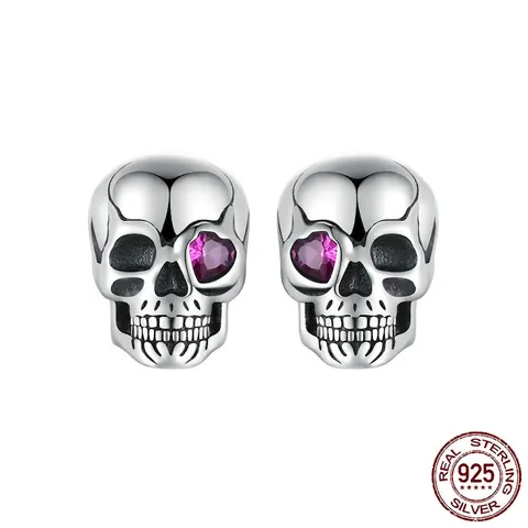 Gothic 925 Sterling Silver Skeleton Skull Stud Earrings Purple Heart Rhinestone Punk Dark Style Halloween Jewelry Women
