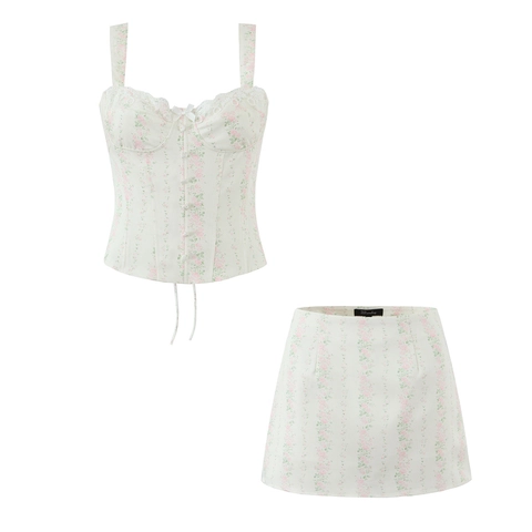 Top Corsetto Bustier Senza Maniche Con Stampa Floreale Dolce Francese E Minigonna A Vita Alta Abbigliamento Estivo In Poliestere