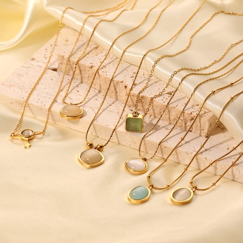 Gold Plated Stainless Steel Necklace For Women High End Cat Eye Stone Zircon Artificial Pearl Pendant Jewelry Luxury Elegant Style