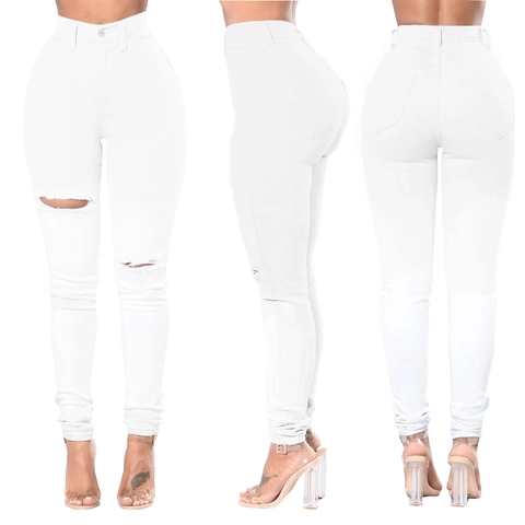 Vaqueros Pitillo Ajustados Blancos De Talle Alto Para Mujer Pantalones De Mezclilla Elásticos Desgastados Elegantes