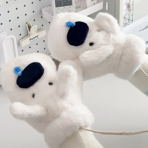 Guanti In Peluche A Forma Di Cucciolo Per Donna Muffole Invernali Calde Ispessite Con Corda Da Appendere Ecopelliccia Termica