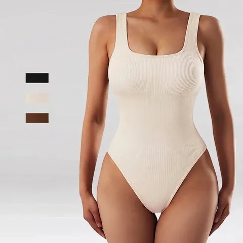 Women Ribbed Bodysuit Seamless Yoga Jumpsuit Tummy Control Square Neck Wide Straps Fitness Activewear Slim Fit