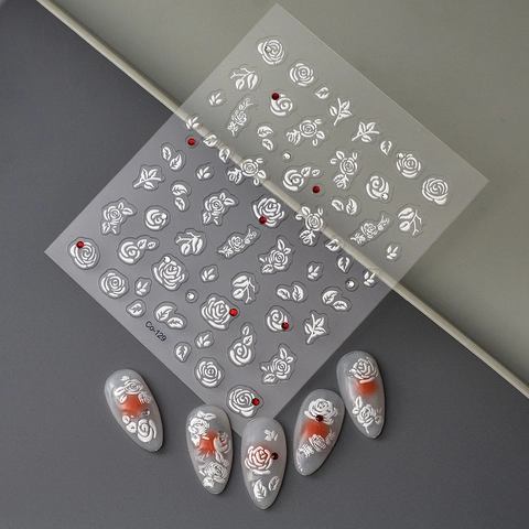 Stickers Ongles 5D Relief Rose Blanche Motif Floral 3D Auto Adhésif Strass Imperméable Élégant DIY Décoration