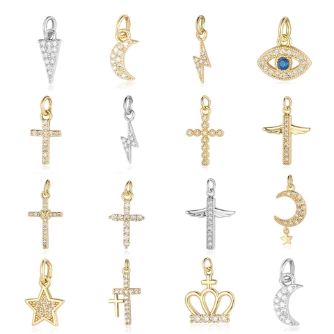 Copper Cubic Zirconia Charms Pendants For DIY Jewelry Making Cross Star Moon Lightning Evil Eye Triangle