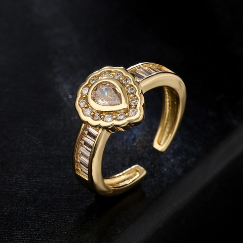 Retro Water Drop Geometric Open Ring Women Copper Gold Plated Cubic Zirconia Pear Shape Adjustable Elegant Jewelry
