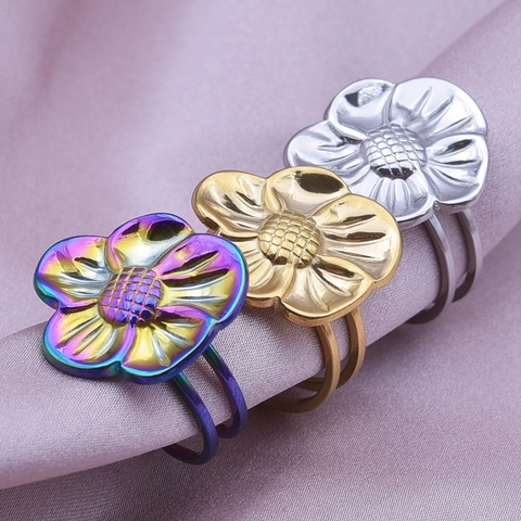 Anillo Regolabile In Acciaio Inossidabile Fiore Minimalista Geometrico A Cinque Petali Doppia Banda Gioielli Retrò Per Donne Uomini