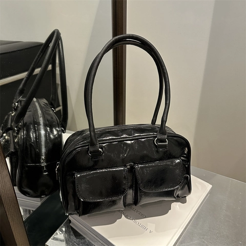 Borsa A Spalla Sottobraccio Donna Pelle Verniciata PU Doppie Tasche Anteriori Grande Capacità Stile Vintage Y2K Mano