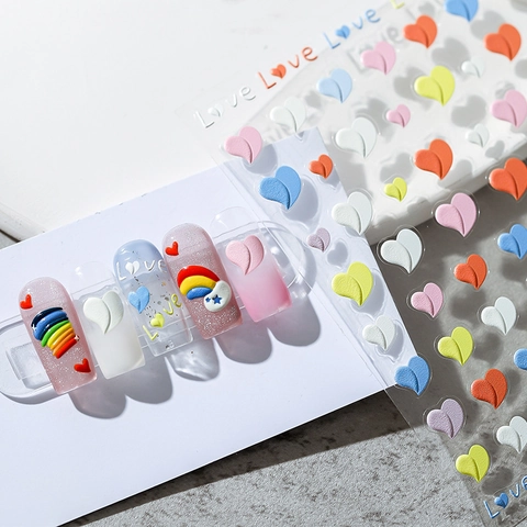 Pegatinas Relieve Uñas Corazón Arcoíris Patrón Autoadhesivas Macaron Color Decoración Manicura DIY