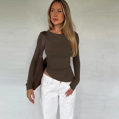 Women T-Shirt Long Sleeve Slim Fit Ruched Side Asymmetrical Hem Ribbed Knit Round Neck Streetwear