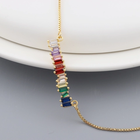 Collier Tennis En Zircon Coloré Cuivre Plaqué Or Choker Arc-En-Ciel Bijoux Pierre Géométrique Pour Femmes Style Vintage Tendance