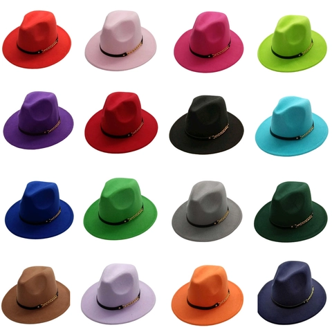 British Style Chain Fedora Hat For Women Wide Brim Jazz Felt Hat Solid Color Elegant Vintage Party Cap Outdoor Sun Hat