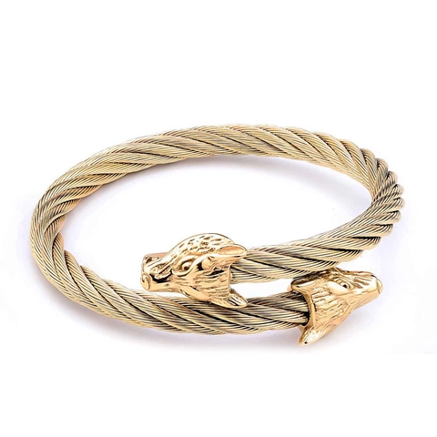 Stainless Steel Wolf Head Open Cuff Bracelet Twisted Cable Wire Viking Nordic Retro Style Biker Jewelry