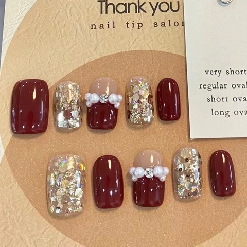 Faux Ongles Bordeaux Rouge Pailleté Künstliche Perle Strass Court Carré Rond Nouvel An Style Salon